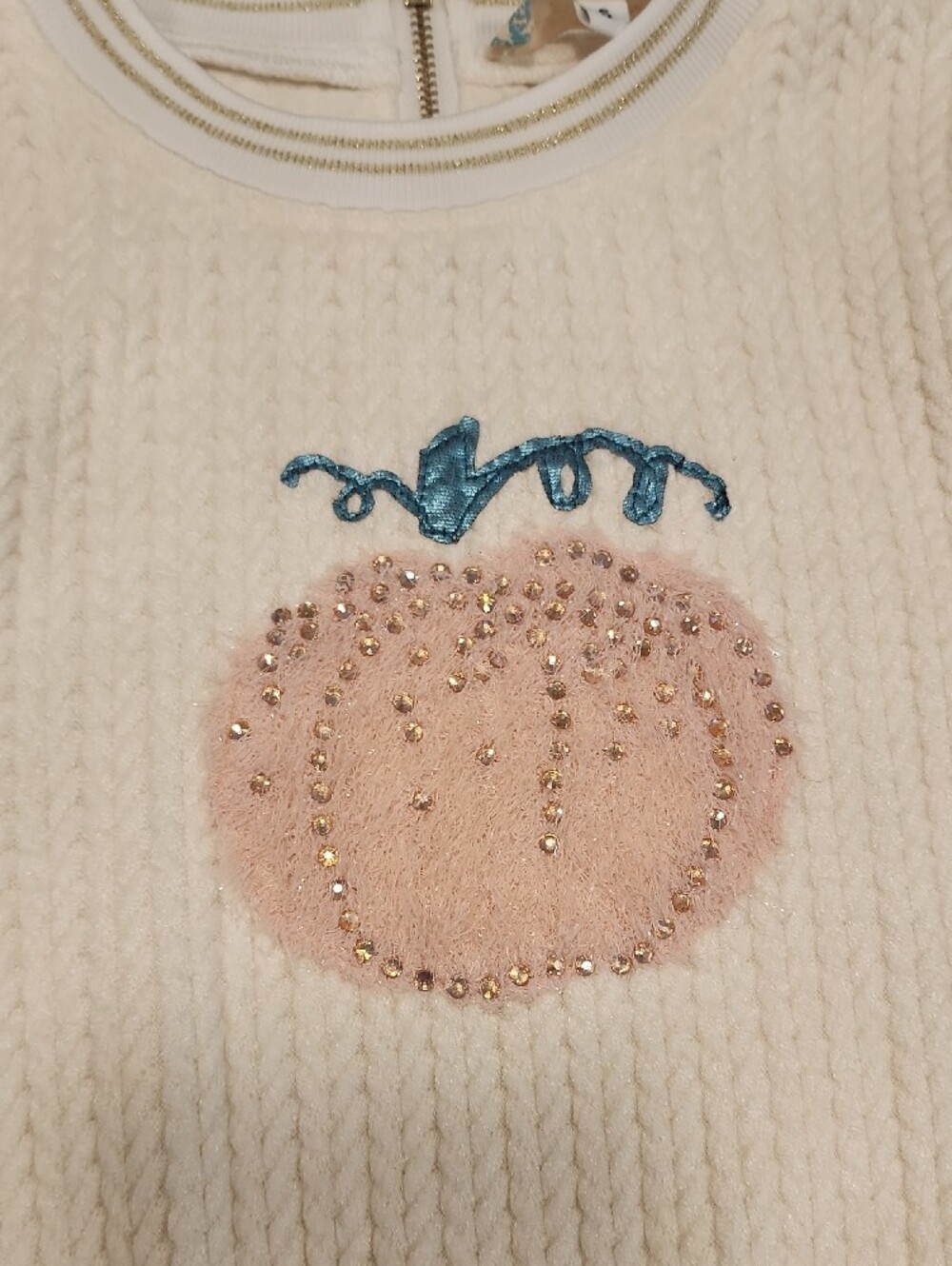 Girls Cream Cable-Knit Fall Sweater with Pink Pumpkin Embroidery